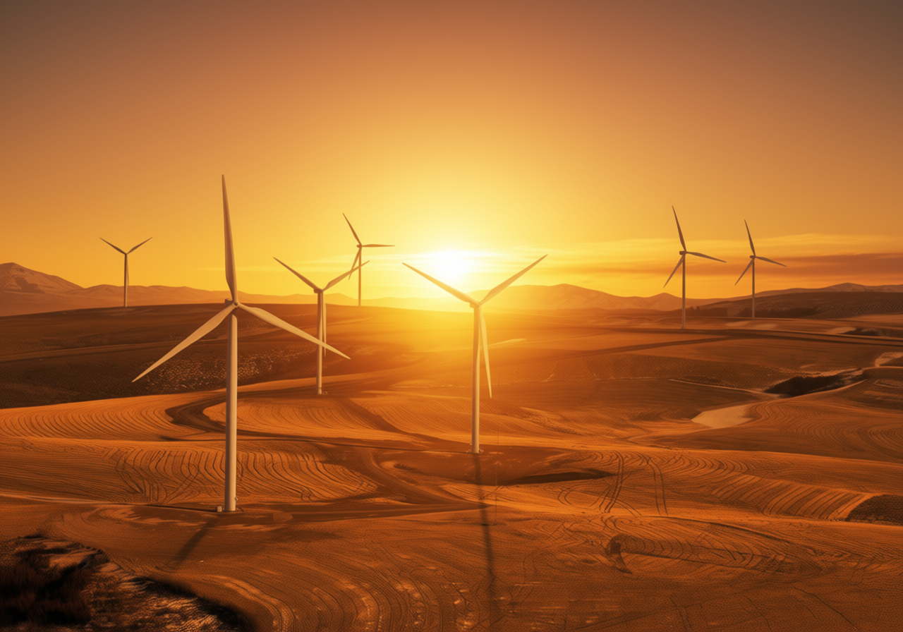 Output: the same wind farm at golden sunset